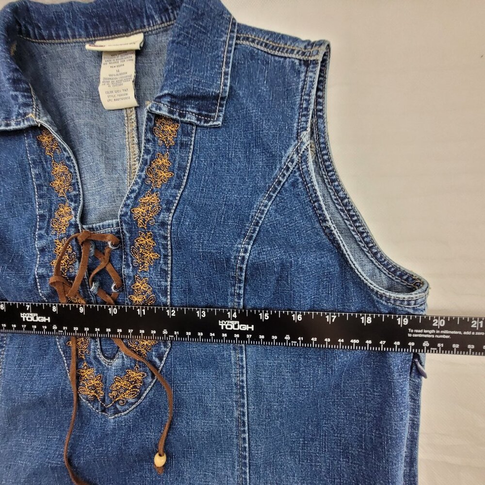 Vintage Faded Glory Dress Women's 14 Blue Denim Leather Lace-up Embroidered Jean - Picture 8 of 11
